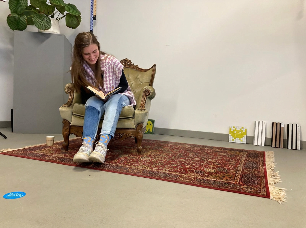 Julia van Boekenclub Den Bosch lezend in een fauteuil